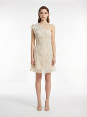 One-Shoulder 3D Floral Embroidered Tulle Mini Dress