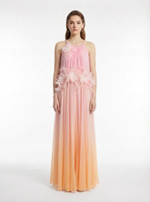 Gradient Pink-Orange Feather Halter Neck Long Evening Gown