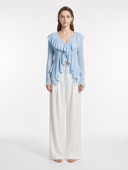 V-Neck Double Layer Ruffle Trim Front Tie Drawstring Fitted Sheer Textured Knit Long Sleeve Crop Top