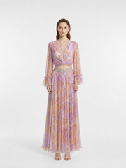 V-Neck Lace Trim Twisted Top & Beaded Waist Silk Lurex Print Maxi Skirt Two-Piece Set