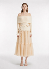Off-Shoulder Knit Top & Tiered Tulle Skirt Two-Piece Set