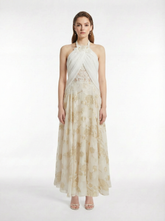 Halter Neck 3D Flower Twist Cutout Lace Top Gold Floral Burnout Jacquard Flowy Maxi Skirt Two-Piece Set