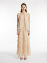 V-Neck Neck Tie Irregular Hem Sleeveless Top All Over 3D Floral Lace Flowy Maxi Skirt Two-Piece Set
