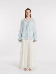 V-Neck Ruffle Trim Front Tassel Tie Double Layer Frill Lantern Long Sleeve 100% Mulberry Silk Georgette Blouse