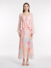 Pastel Watercolor Print Silk Georgette Three-Piece Set (Cami, Kimono & Maxi Skirt)