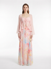 Pastel Watercolor Print Silk Georgette Three-Piece Set (Cami, Kimono & Maxi Skirt)