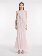 100% Silk Light Pink Halter Neck Top with Lace Trim and Asymmetric Ruffles