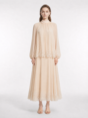 Apricot Mock Neck Hand Beaded Elastic Lantern Sleeve French Lace Trim 100% Mulberry Silk Crepe De Chine Blouse & Maxi Skirt Two-Piece Set