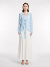 V-Neck Handmade Ruffle Picot Trim Front Tie Sash Asymmetrical Long Sleeve Lightweight Silk Cover Up