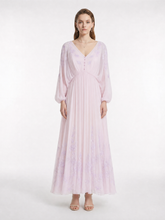 Lavender V-Neck Silk Georgette Maxi Dress with Position Embroidery & Batwing Sleeves