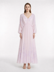 Lavender V-Neck Silk Georgette Maxi Dress with Position Embroidery & Batwing Sleeves