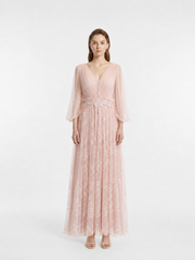 V-Neck Silk Crepon & Lace Beaded Maxi Dress, Two Colors Available