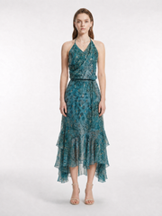 Peacock Print Silk Halter Midi Dress with Asymmetric Hem