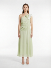 Light Green One-Shoulder Handmade Floral Beaded Tassel 100% Mulberry Silk Chiffon Maxi Dress
