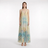 Ocean-Print Silk Georgette Halter Maxi Dress with Shell & Beaded Belt