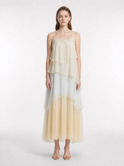 Four-Color Block Silk Georgette Tiered Slip Maxi Dress with Convertible Handmade Petal Sash