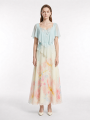 Light Blue Gradient Watercolor Floral Lace Inner Slip Appliqué Maxi Dress V-Neck Flutter Sleeve Tie Waist Cover Up Two-Piece Set