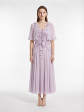 Lavender Silk Georgette Lace Applique Slip Maxi Dress with Detachable Sleeves & Beaded Flower Centers