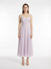 Lavender Silk Georgette Lace Applique Slip Maxi Dress with Detachable Sleeves & Beaded Flower Centers