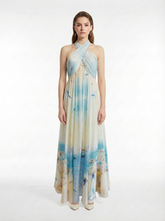 Ocean-Print Halter Neck Silk Crepe Maxi Dress with Handmade Shell Embellishments