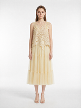 Handmade 3D Lace Appliqué V-Neck Sleeveless Irregular Hem Top Tiered Shirred Tulle Full Midi Dress