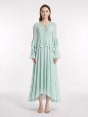 Mint Green Round Neck Hand Beaded Front Tie Keyhole Sheer Double Tier Ruffle Flare Long Sleeve Flow Maxi Dress