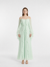 Mint Green Off-Shoulder Thin Strap Hand Beaded Neckline Flare Sleeve Tie Waist Multi-Layer Ruffle 100% Mulberry Silk Crinkle Maxi Dress