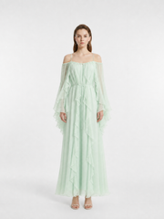 Mint Green Off-Shoulder Thin Strap Hand Beaded Neckline Flare Sleeve Tie Waist Multi-Layer Ruffle 100% Mulberry Silk Crinkle Maxi Dress