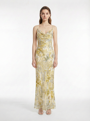 Original Paisley & Watercolor Floral Cowl Neck Silk Slip Maxi Dress