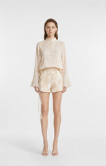 Light Apricot Blush Floral Burnout Jacquard Side Bead Embellished High Waist Loose Straight Casual Shorts