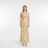 Egyptian-Inspired Hand-Painted Print Silk Slip Maxi Dress with Gold Drop Jacquard