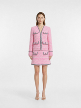 Pink Tweed Chanel-Style Two-Piece Set, Trim Button Cropped Jacket & High Waist Mini Skirt