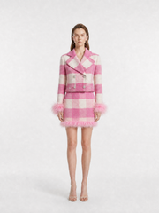 Pink & White Plaid Wool Blend Suit with Ostrich Fur Trim, Cropped Blazer & Mini Skirt Two-Piece Set