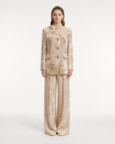 Champagne Gold Silk Velvet Burnout Suit with Handmade Tassel Scarf
