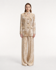 Champagne Gold Silk Velvet Burnout Suit with Handmade Tassel Scarf