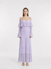Off-Shoulder Ruffle Wool Knit Maxi Dress with Handmade Crochet Belt, Two Colors Available