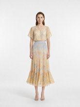 Yellow Blue Gradient Watercolor Print High Waist Elastic Waist Crinkle Chiffon Ruffle Mermaid Midi Skirt