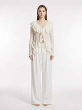 V-Neck Double Layer Ruffle Trim Front Tie Drawstring Fitted Sheer Textured Knit Long Sleeve Crop Top