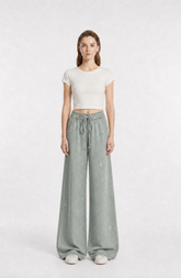 High Waist Elastic Waist Matching Fabric Drawstring Scattered Star Rhinestone Flow Denim Wide Leg Pants