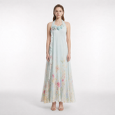 100% mulberry silk Light Blue Floral Print Halter Maxi Dress with Ruffle Trim