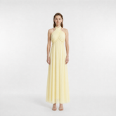 Pale Yellow Cross Halter Neck Maxi Dress with Beaded Waist Detail