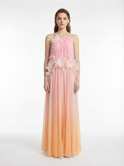 Gradient Pink-Orange Feather Halter Neck Long Evening Gown