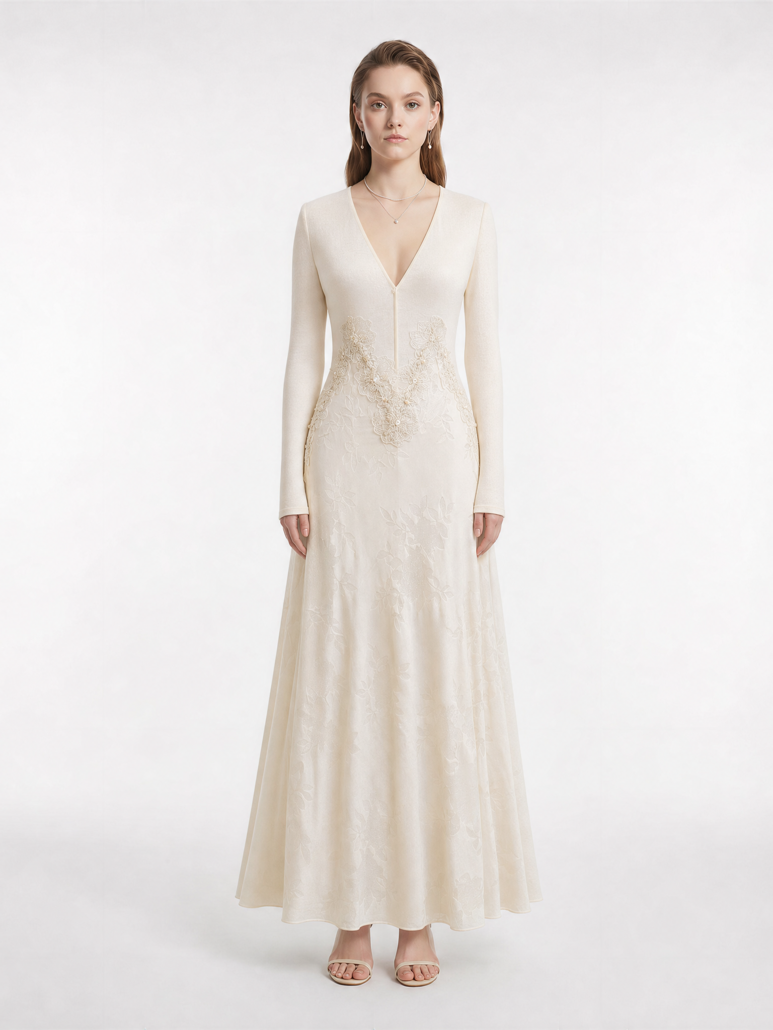 Knit & Silk Velvet Burnout Maxi Dress with Handmade Lace & Beaded Waist