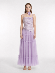 New Chinese Jacquard Twisted Ruched Fitted Spaghetti Strap Multi-Tier Ruffle Tulle A-Line Silk Maxi Skirt Two-Piece Set
