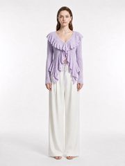 V-Neck Double Layer Ruffle Trim Front Tie Drawstring Fitted Sheer Textured Knit Long Sleeve Crop Top