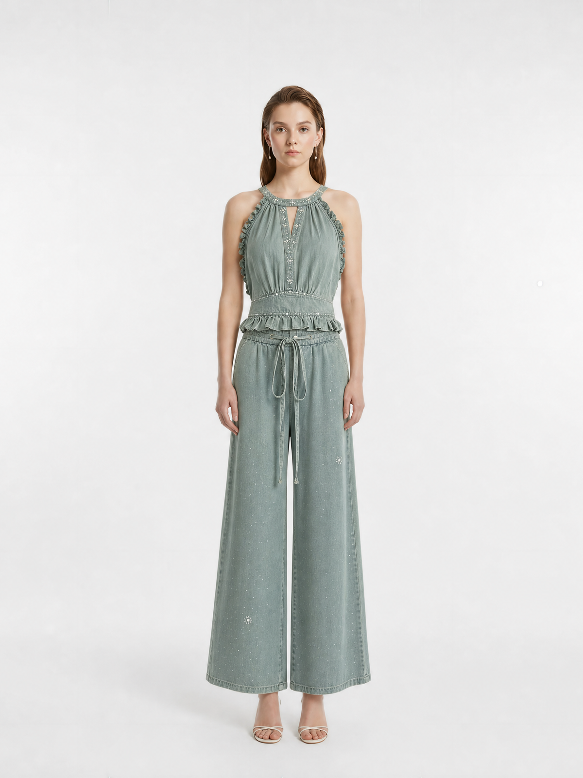 Halter Scalloped Edge Rhinestone Gathered Camisole Elastic Waist Drawstring Rhinestone Wide Leg Pant Two-Piece Set