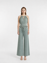 Halter Scalloped Edge Rhinestone Gathered Camisole Elastic Waist Drawstring Rhinestone Wide Leg Pant Two-Piece Set