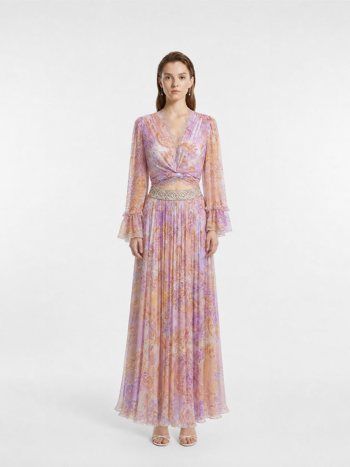 V-Neck Lace Trim Twisted Top & Beaded Waist Silk Lurex Print Maxi Skirt Two-Piece Set