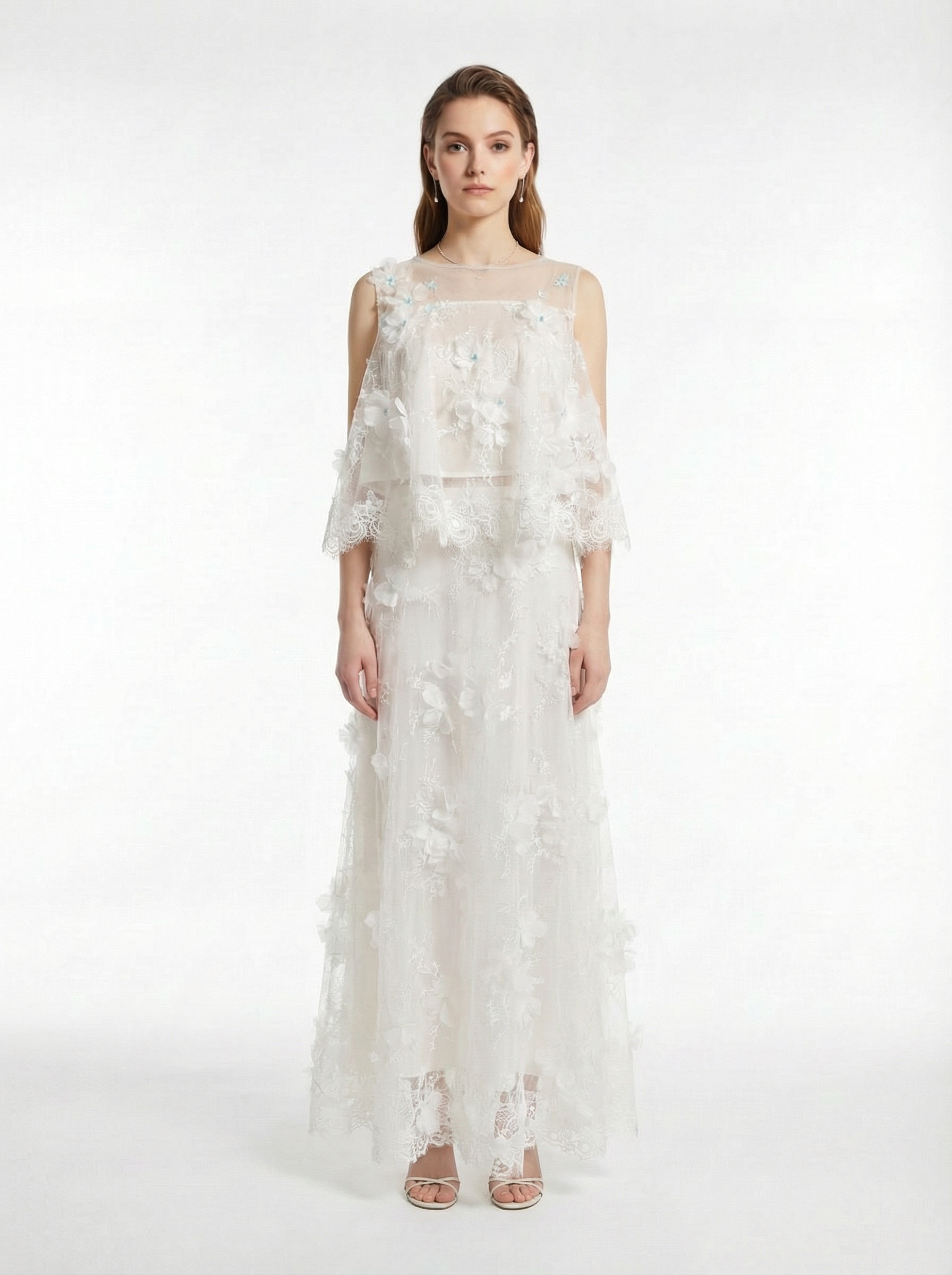 White Sheer Lace Two-Piece Set with Handmade 3D Floral Appliqués