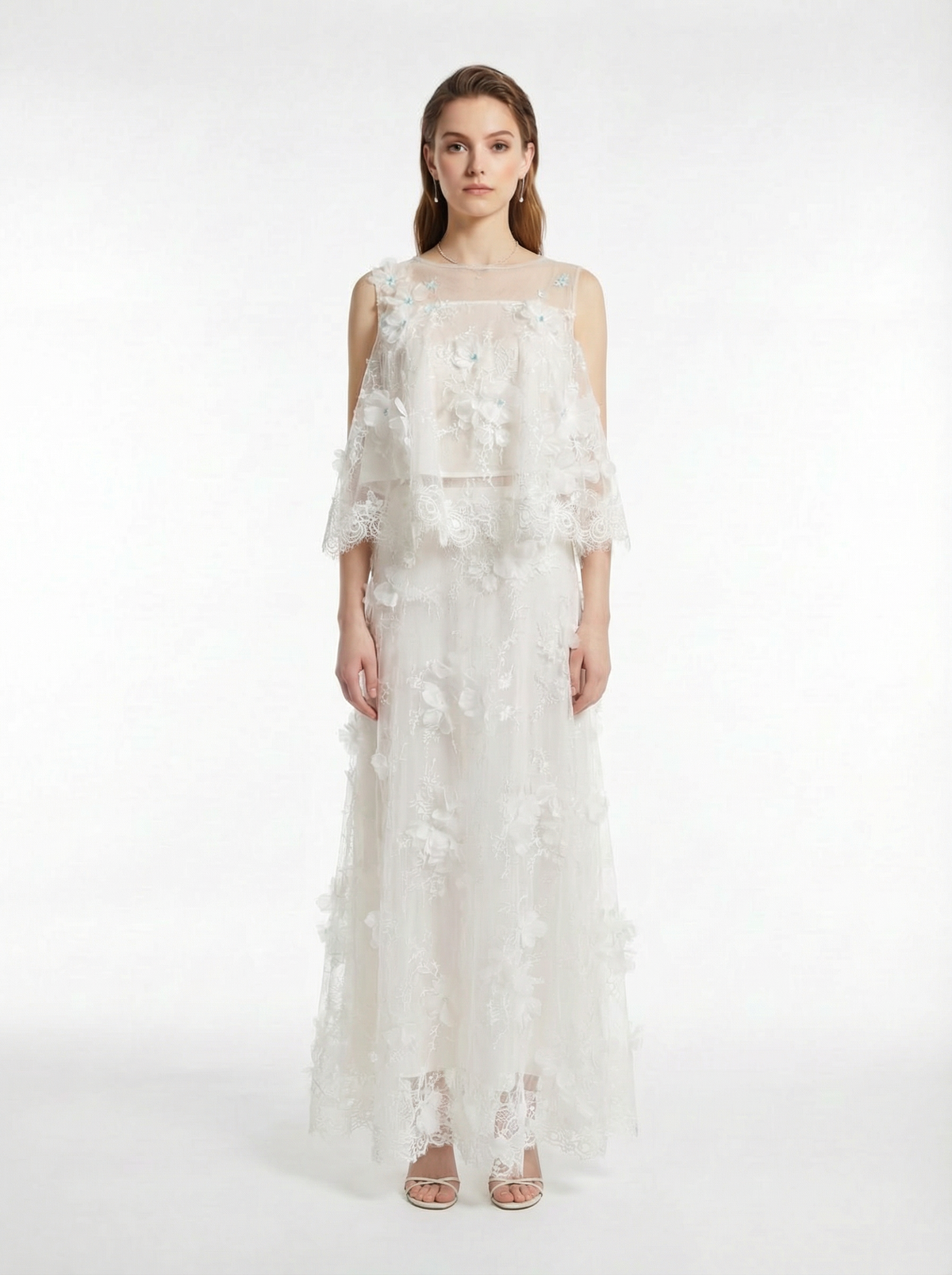 White Sheer Lace Two-Piece Set with Handmade 3D Floral Appliqués